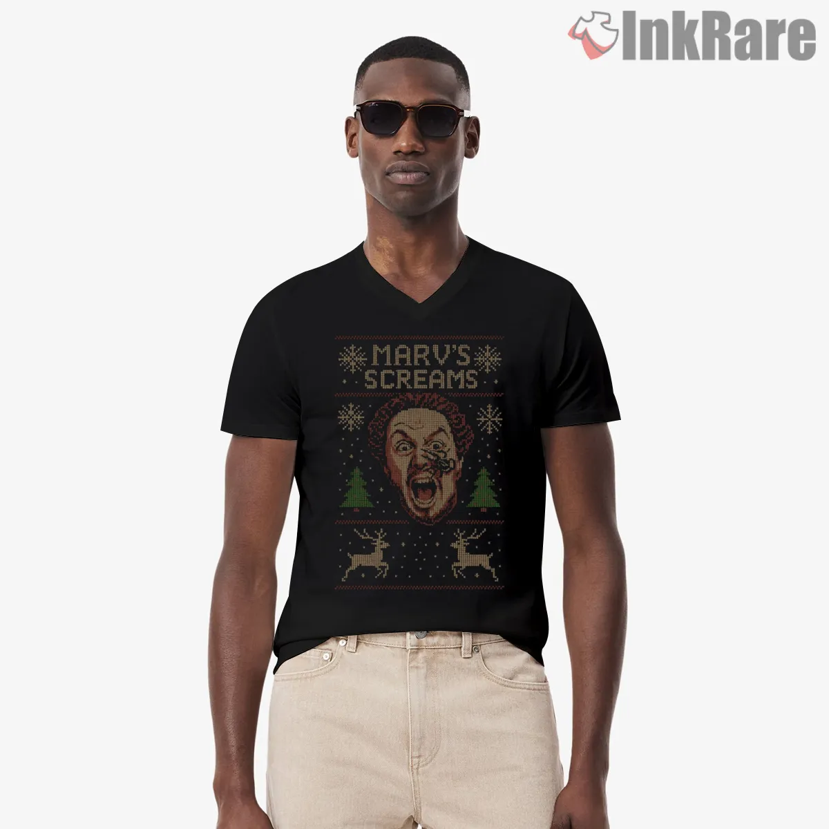 Screaming Marv Christmas Sweater V Neck Black Screaming Marv Christmas Sweater Shirt on black v-neck shirt for men graphic tee