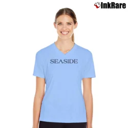 Women’s Seaside Coastal Graphic V-Neck Tee in light blue | Chic Neckline, Soft Texture