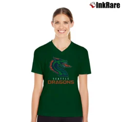 Women’s Seattle Dragons Football Team Xfl League V-Neck Tee in forest green | Chic Neckline, Soft Texture