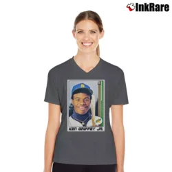 Women’s Seattle Mariners Ken Griffey Jr Rookie Card V-Neck Tee in charcoal | Chic Neckline, Soft Texture
