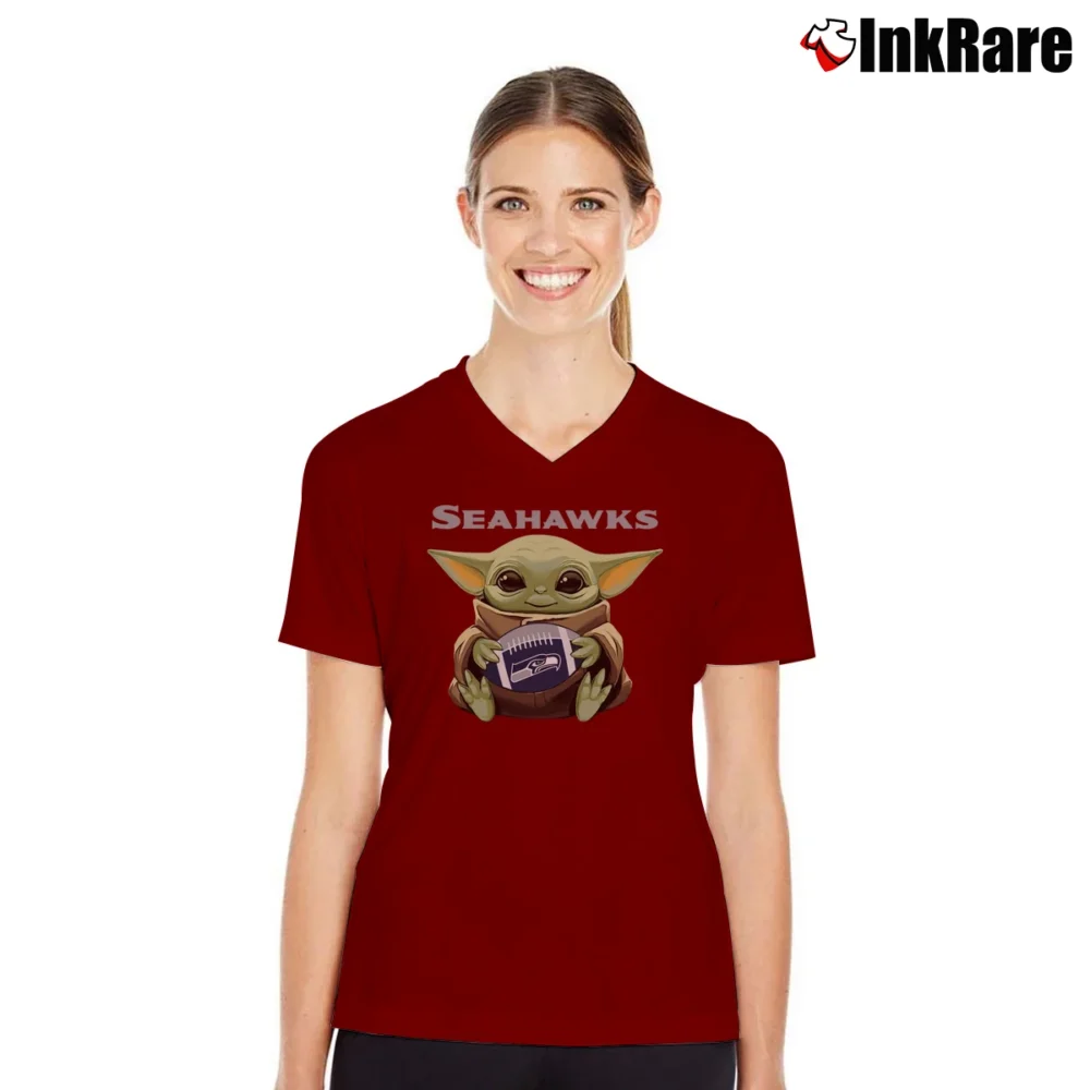 Women’s Seattle Seahawks Baby Yoda Star Wars Football V-Neck Tee in maroon | Chic Neckline, Soft Texture