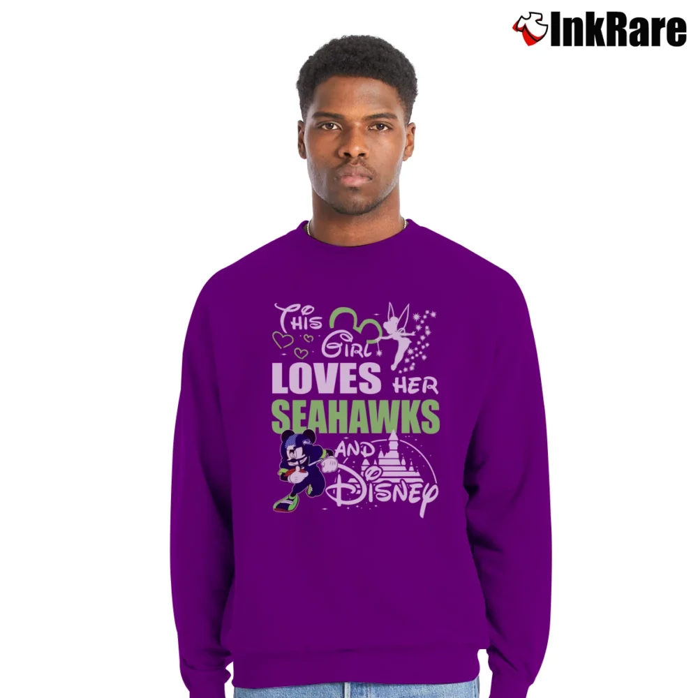 Men’s Seattle Seahawks Mickey Mouse This Girl Loves Her Team Crewneck Sweatshirt in purple | Cozy Fabric, Clean Style