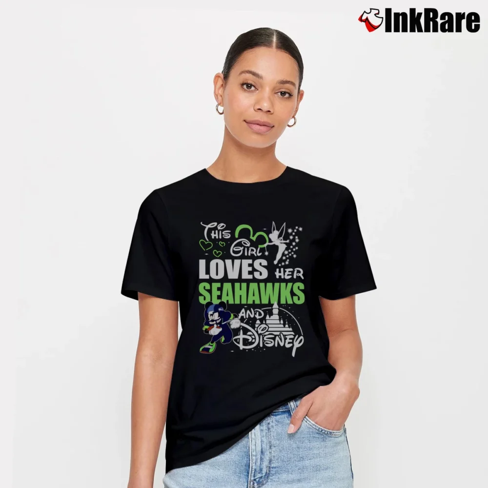 Women’s Seattle Seahawks Mickey Mouse This Girl Loves Her Team Signature T-Shirt in black | Soft, Flattering Fit