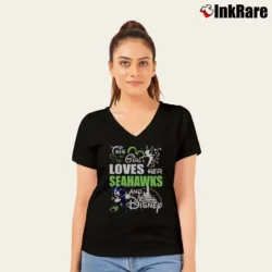 Women’s Seattle Seahawks Mickey Mouse This Girl Loves Her Team V-Neck Tee in black | Chic Neckline, Soft Texture