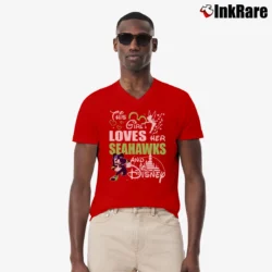 Men’s Seattle Seahawks Mickey Mouse This Girl Loves Her Team V-Neck Tee in red | Sharp, Breathable, Everyday Staple