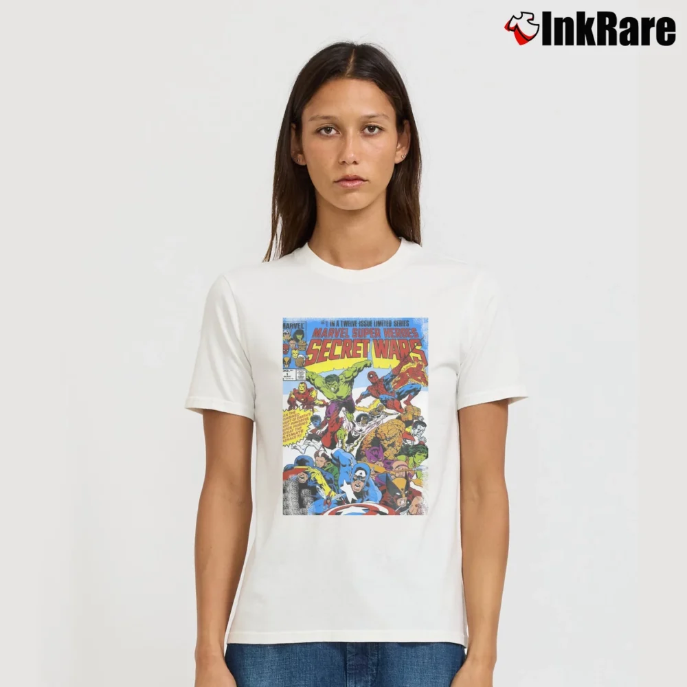 Women’s Secret Wars Issue One Black Marvel Comics Signature T-Shirt in white | Soft, Flattering Fit