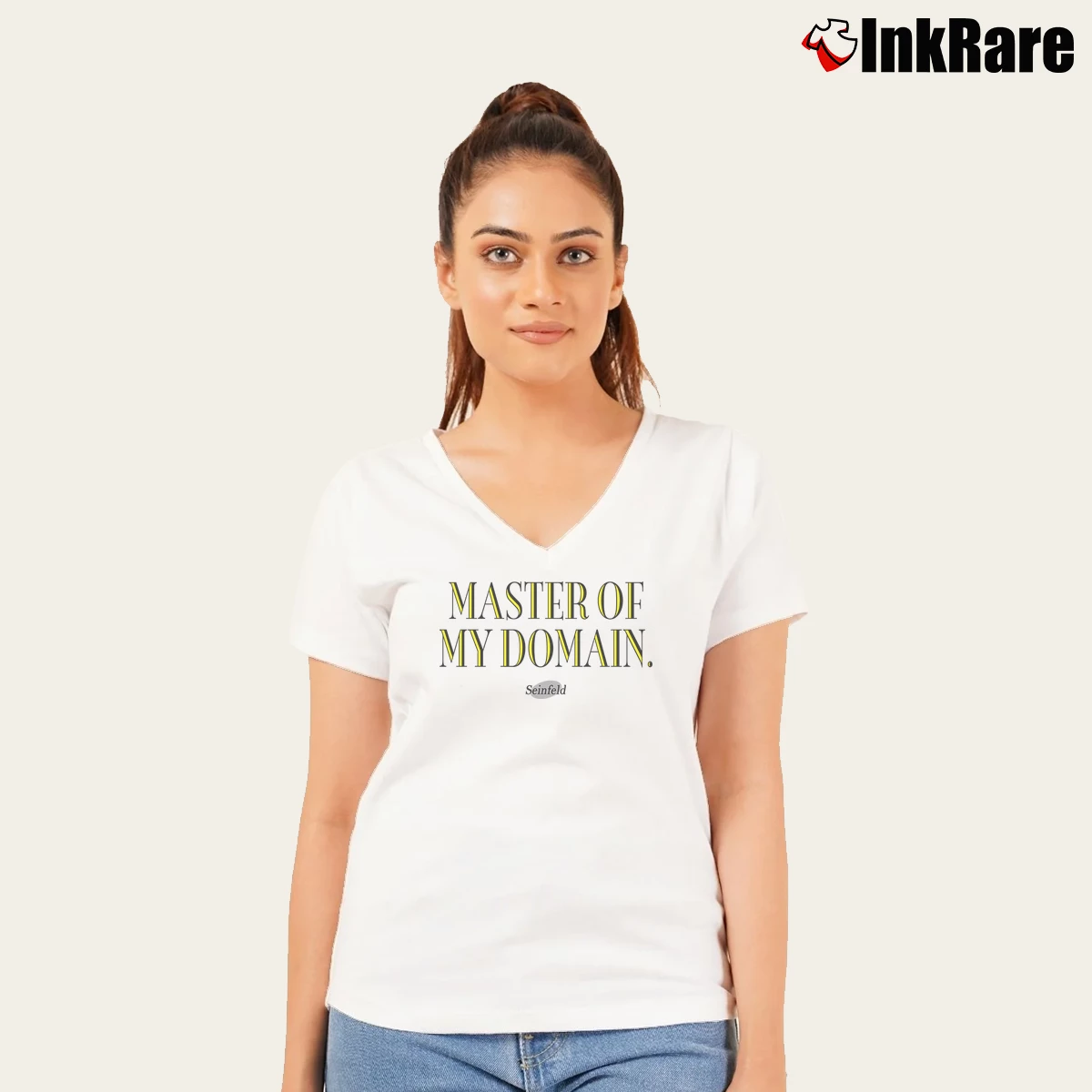 Women’s Seinfeld Master Of My Domain V-Neck Tee in white | Chic Neckline, Soft Texture