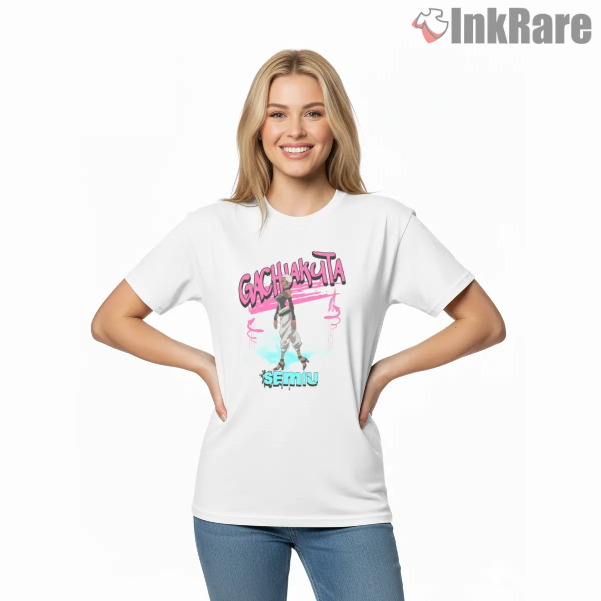 Semiu Minimal Standing Pose Clean Typography Anime Shirt on white short sleeve shirt for women graphic tee