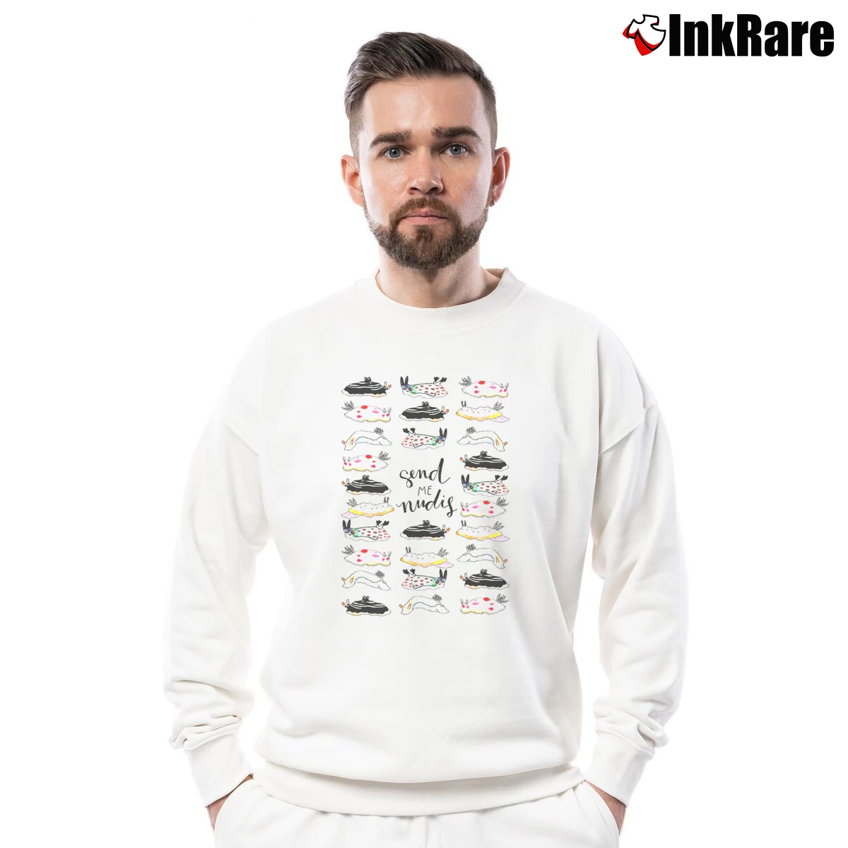 Men’s Send Me Nudis Nudibranch Funny Silly Pun Crewneck Sweatshirt in white | Cozy Fabric, Clean Style