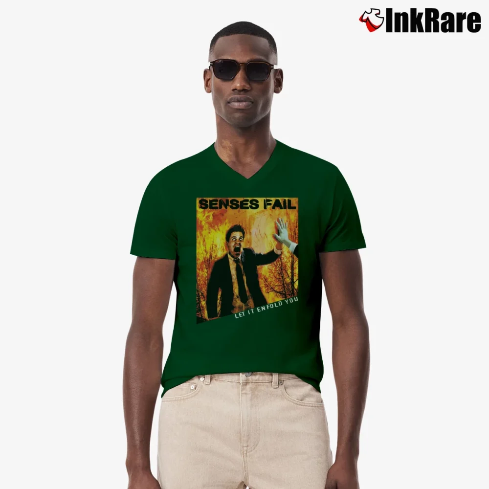 Men’s Senses Fail Let It Enfold You Band V-Neck Tee in forest green | Sharp, Breathable, Everyday Staple