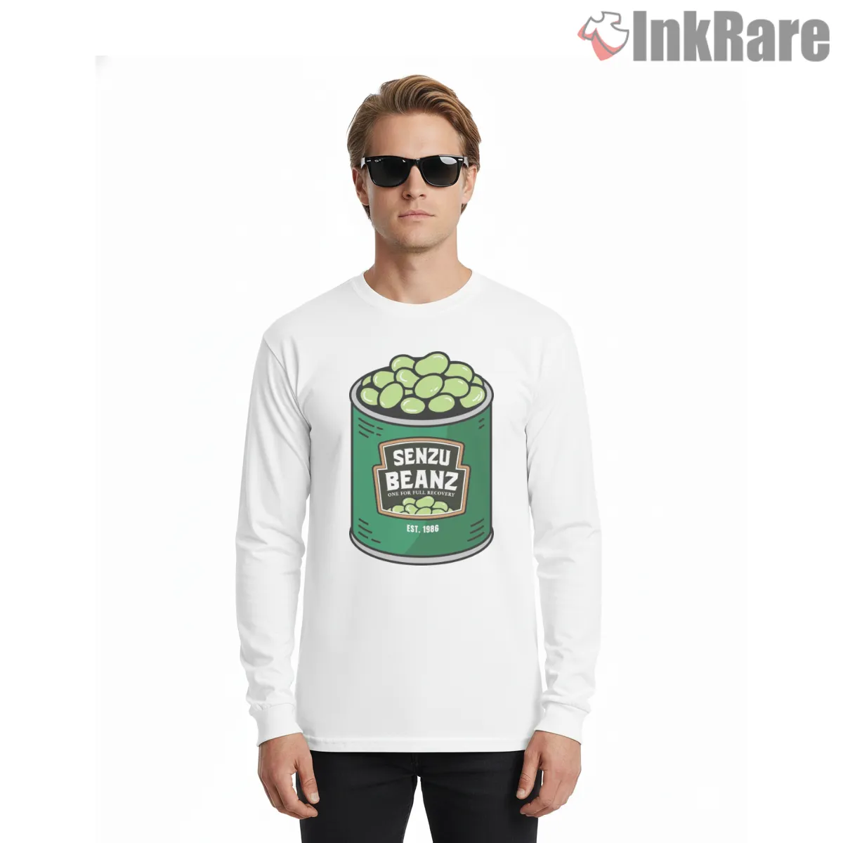 Senzu Beanz Recovery Can Parody Long Sleeve White Senzu Beanz Recovery Can Parody Shirt on white long sleeve shirt for men graphic tee