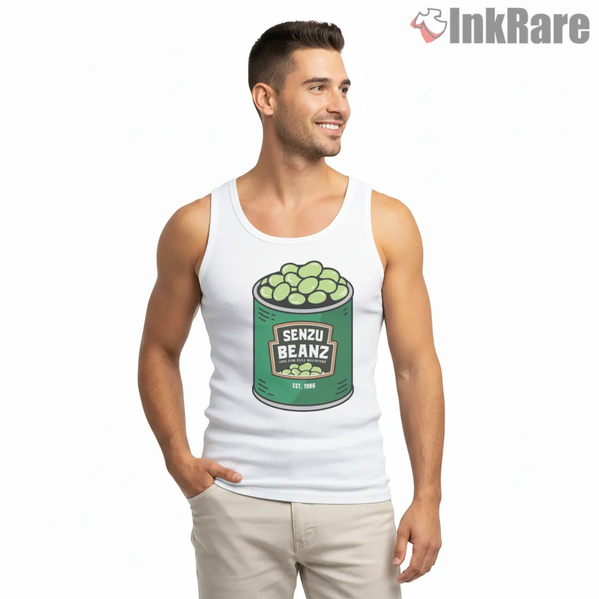 Senzu Beanz Recovery Can Parody Tank Top White Senzu Beanz Recovery Can Parody Shirt on white tank top for men graphic tee