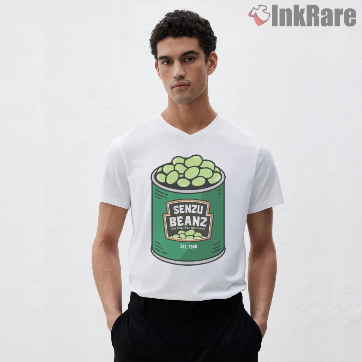 Senzu Beanz Recovery Can Parody V Neck White Senzu Beanz Recovery Can Parody Shirt on white v-neck shirt for men graphic tee