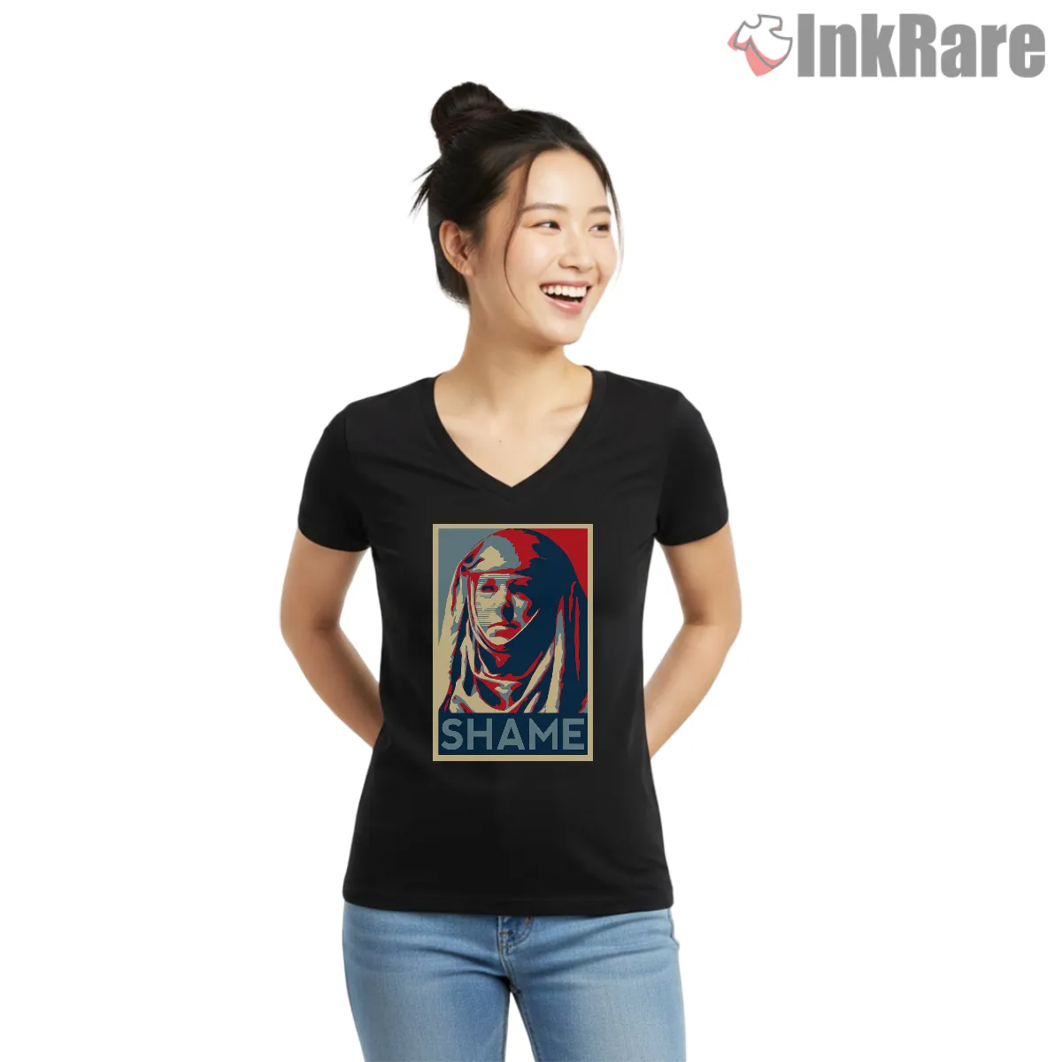 Septa Unella Shame Vintage Poster Style V Neck Black Septa Unella Shame Vintage Poster Style Shirt on black v-neck shirt for women graphic tee