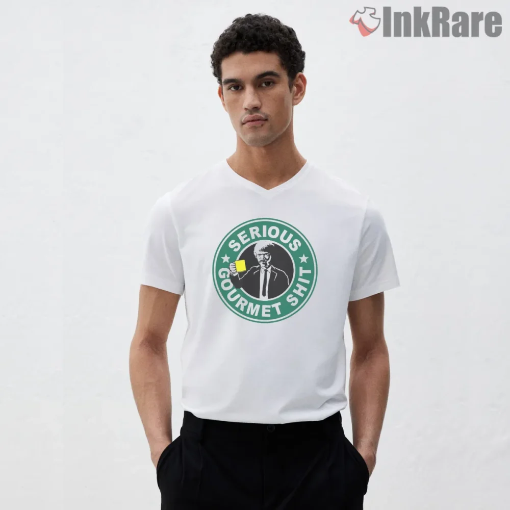 Serious Gourmet Coffee Parody Shirt on white v-neck shirt for men graphic tee