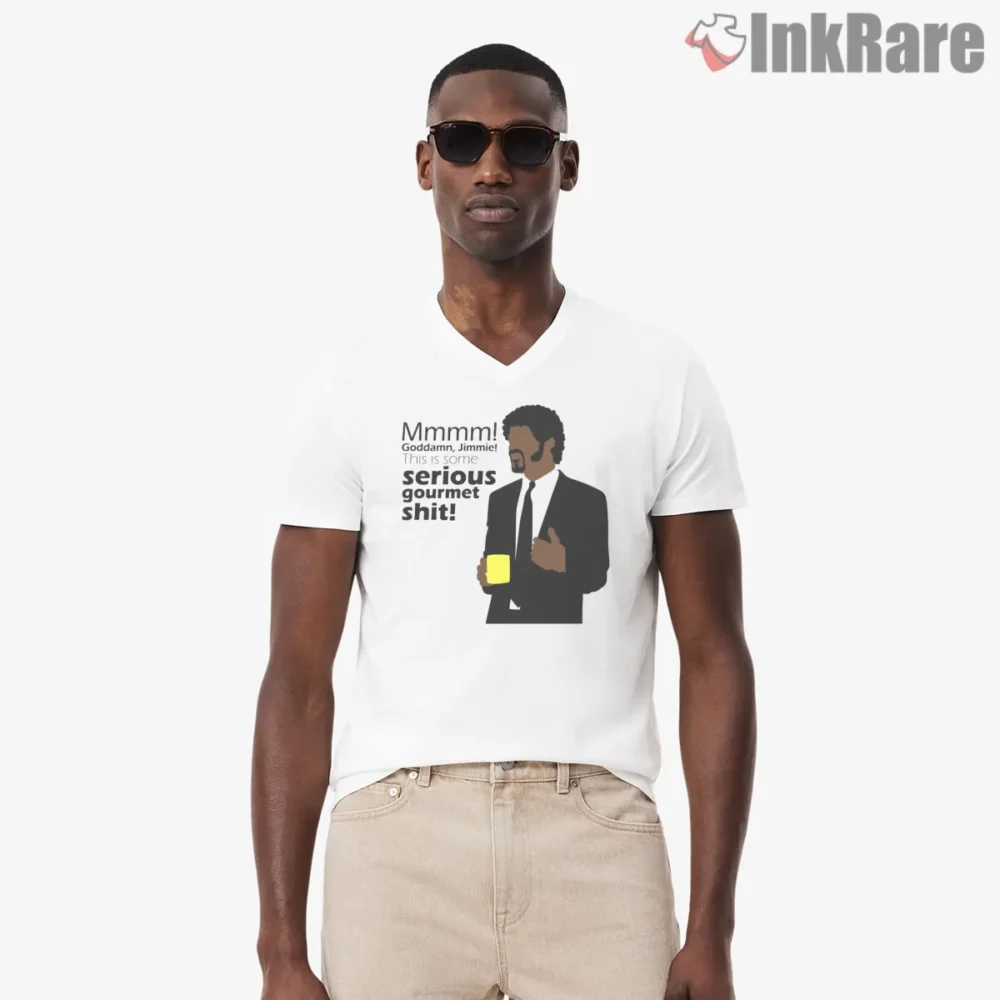 Serious Gourmet Kitchen Quote Shirt on white v-neck shirt for men graphic tee