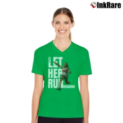 Women’s sha'carri richardson let her run for Track Fans and Athletes V-Neck Tee in irish green | Chic Neckline, Soft Texture