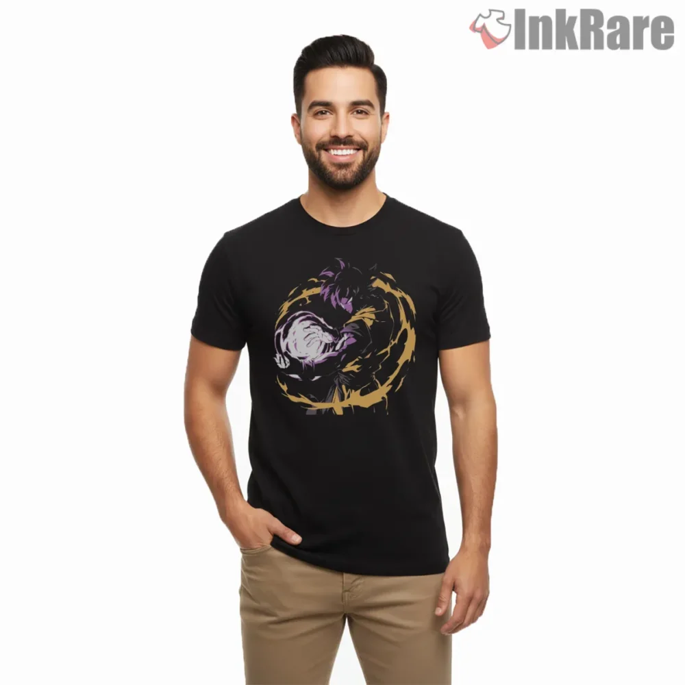 Shadow Energy Orb Saiyan Spiral Aura Shirt on black short sleeve shirt for men graphic tee