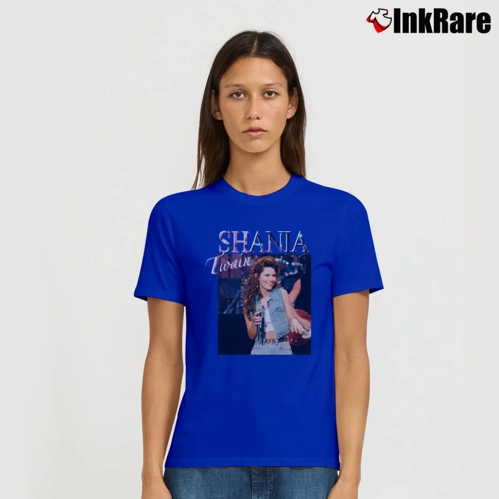 Women’s Shania Twain Inspired 90s Fan Graphic Signature T-Shirt in royal blue | Soft, Flattering Fit