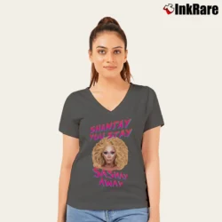 Women’s Shantay You Stay RuPaul Drag Race V-Neck Tee in charcoal | Chic Neckline, Soft Texture