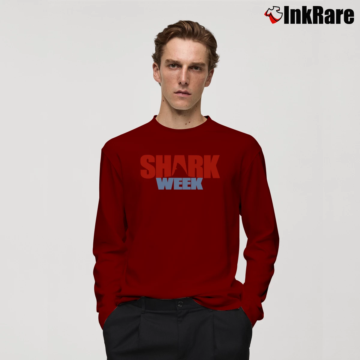 Men’s Shark Week Discovery Channel Logo Long-Sleeve Shirt in maroon | Sleek, Lightweight, Year-Round Wear