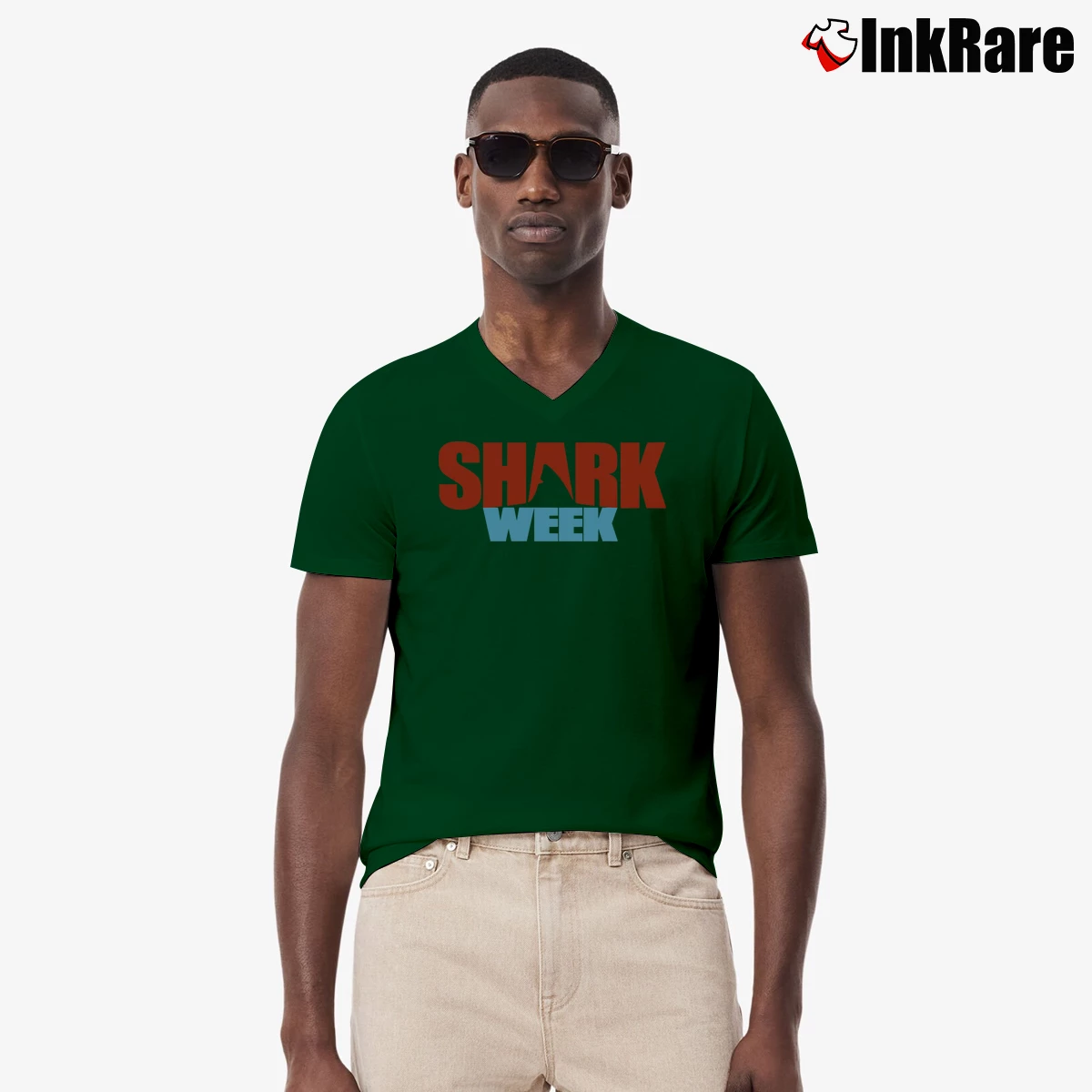 Men’s Shark Week Discovery Channel Logo V-Neck Tee in forest green | Sharp, Breathable, Everyday Staple