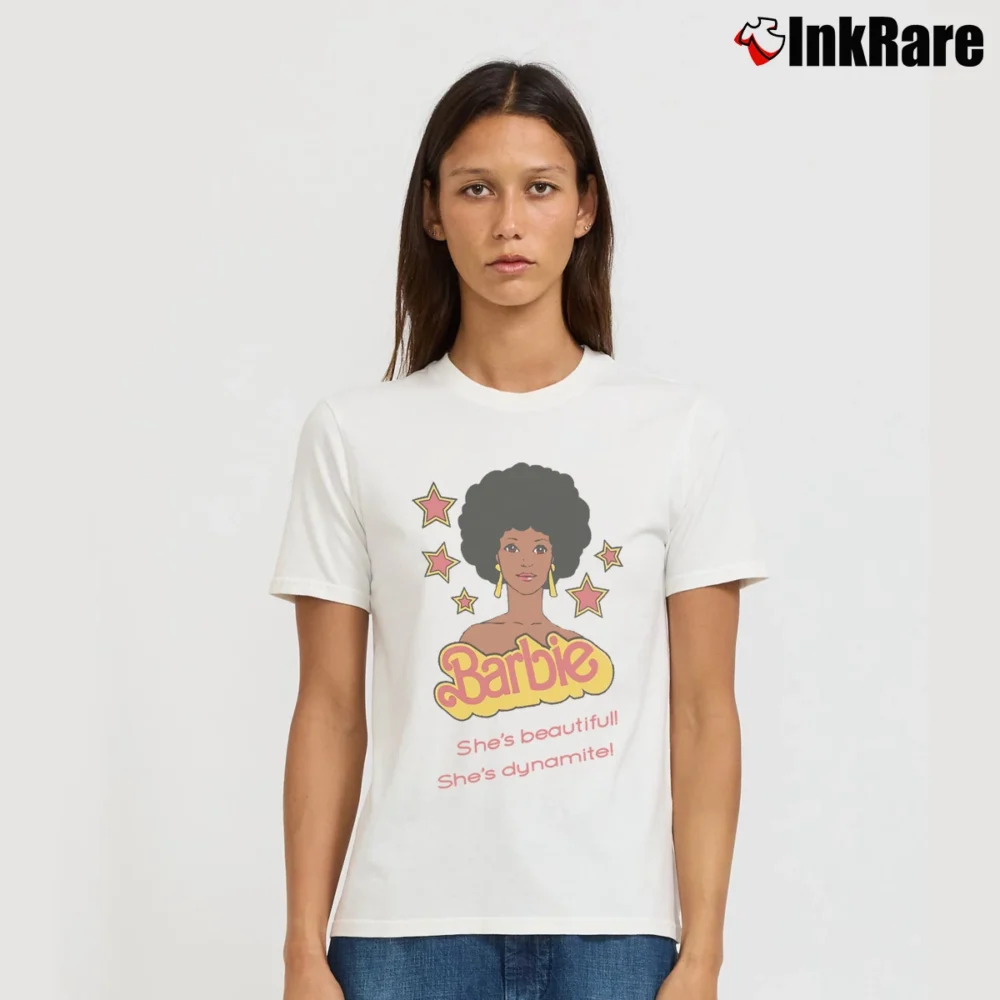 Women’s She's Beautiful She's Dynamite Barbie Signature T-Shirt in white | Soft, Flattering Fit