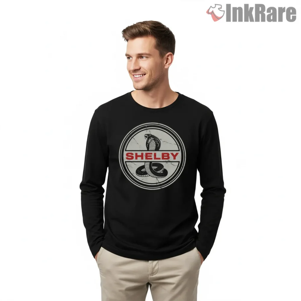 Shelby Cobra Vintage Distressed Logo Graphic Shirt on black long sleeve shirt for men graphic tee