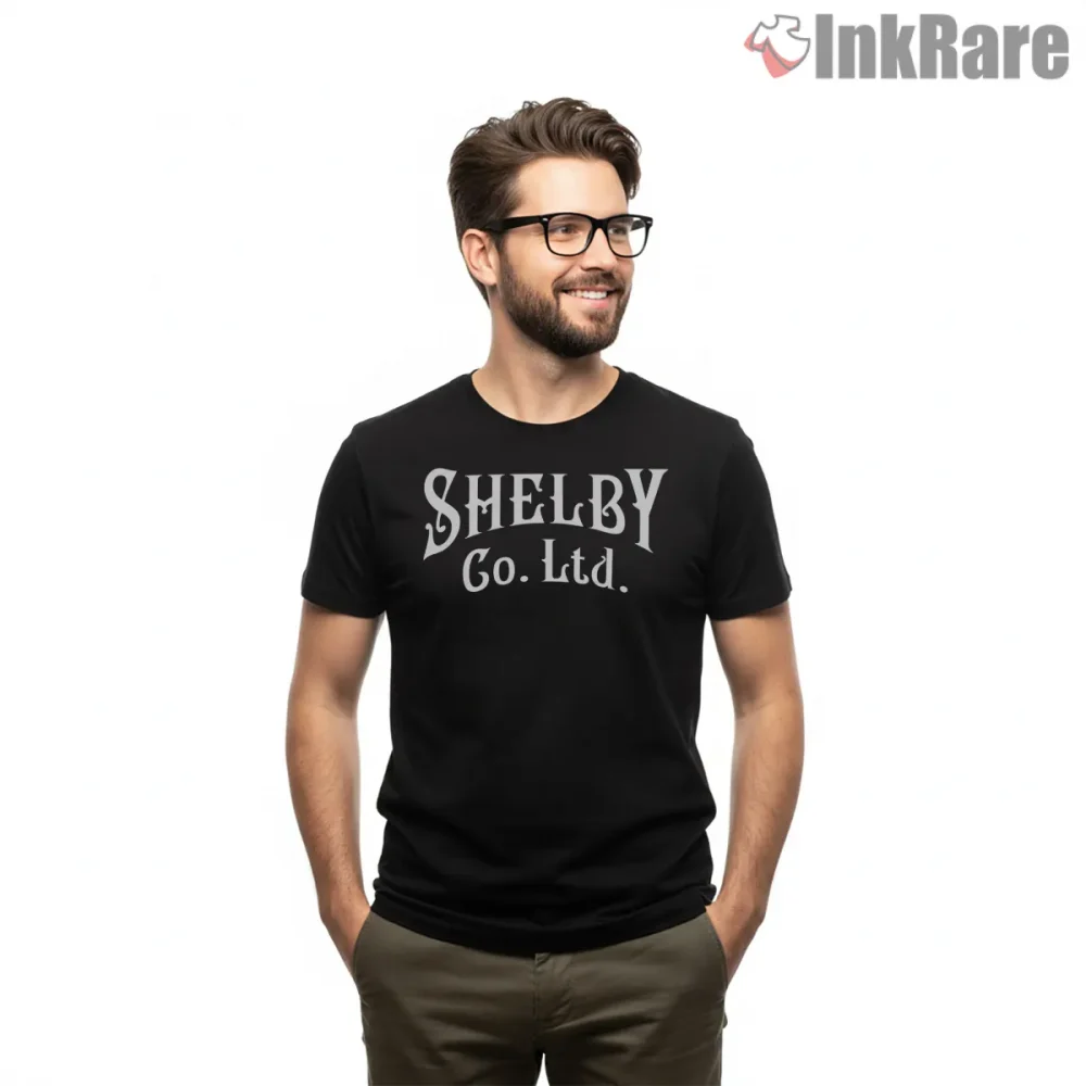Shelby Company Limited Minimal Typography Shirt on black short sleeve shirt for men graphic tee