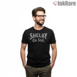 Shelby Company Limited Minimal Typography Shirt on black short sleeve shirt for men graphic tee