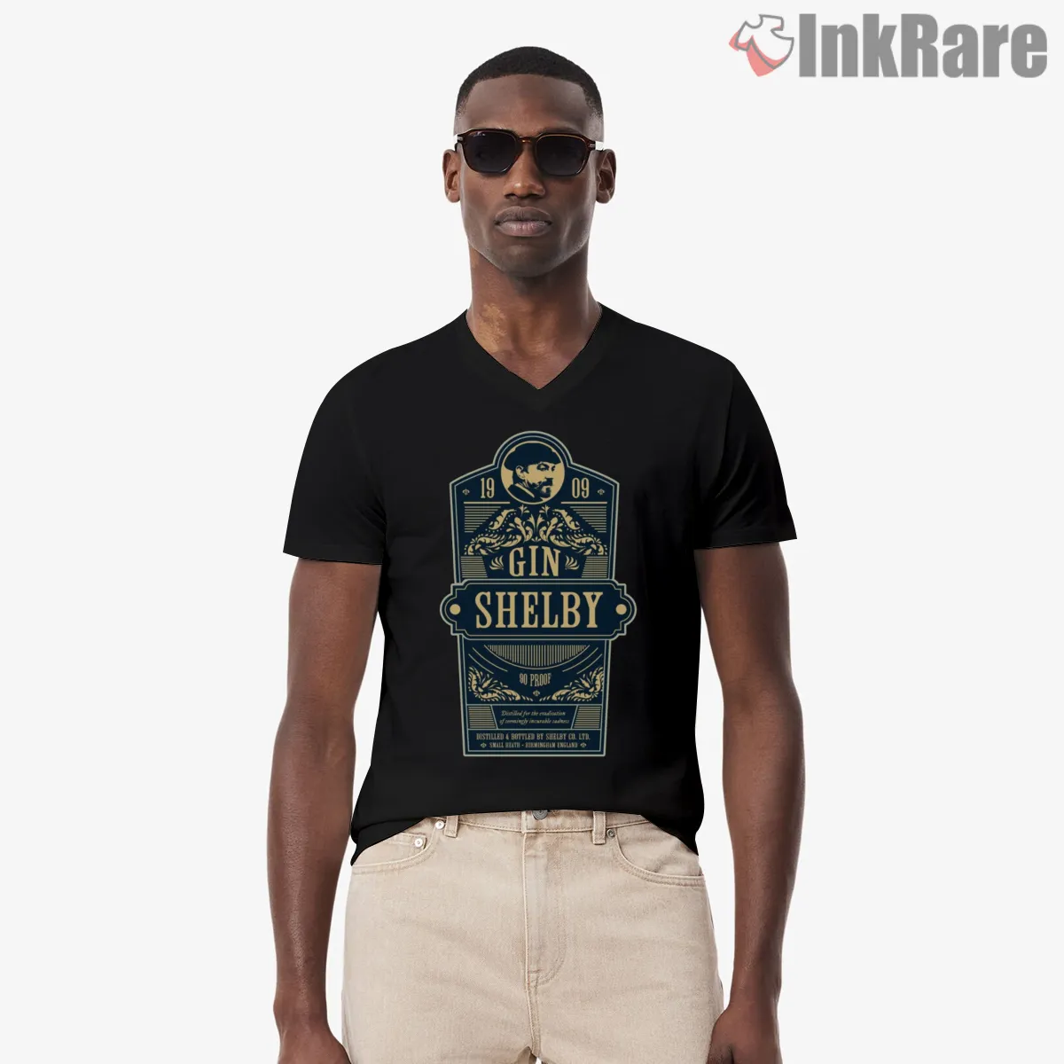 Shelby Gin Vintage Label Graphic V Neck Black Shelby Gin Vintage Label Graphic Shirt on black v-neck shirt for men graphic tee