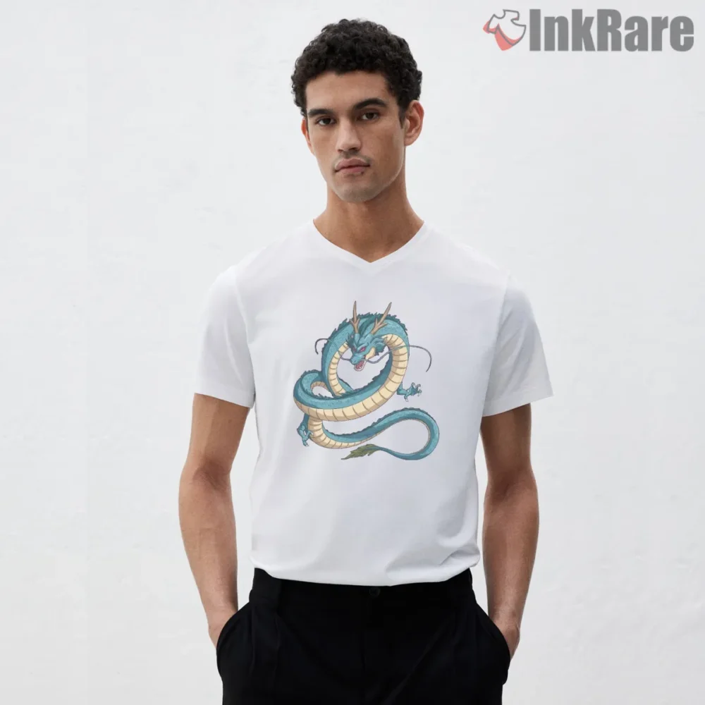 Shenron Coiled Dragon Mythic Emblem Shirt on white v-neck shirt for men graphic tee