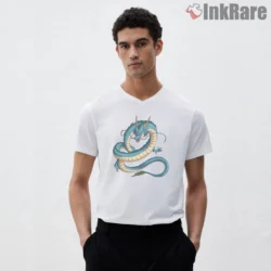 Shenron Coiled Dragon Mythic Emblem Shirt on white v-neck shirt for men graphic tee