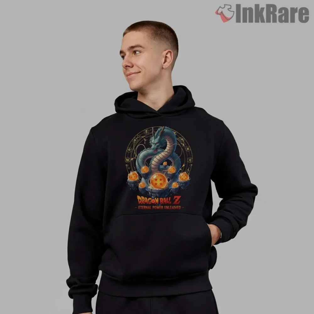 Shenron Eternal Power Unleashed Emblem Shirt on black hoodie for men graphic tee