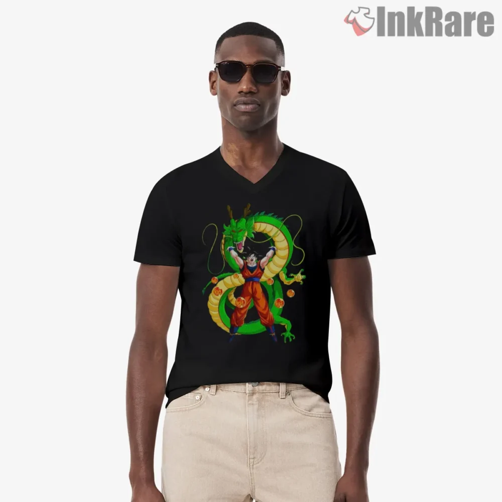 Shenron Mystic Japanese Dragon Circle Shirt on black v-neck shirt for men graphic tee