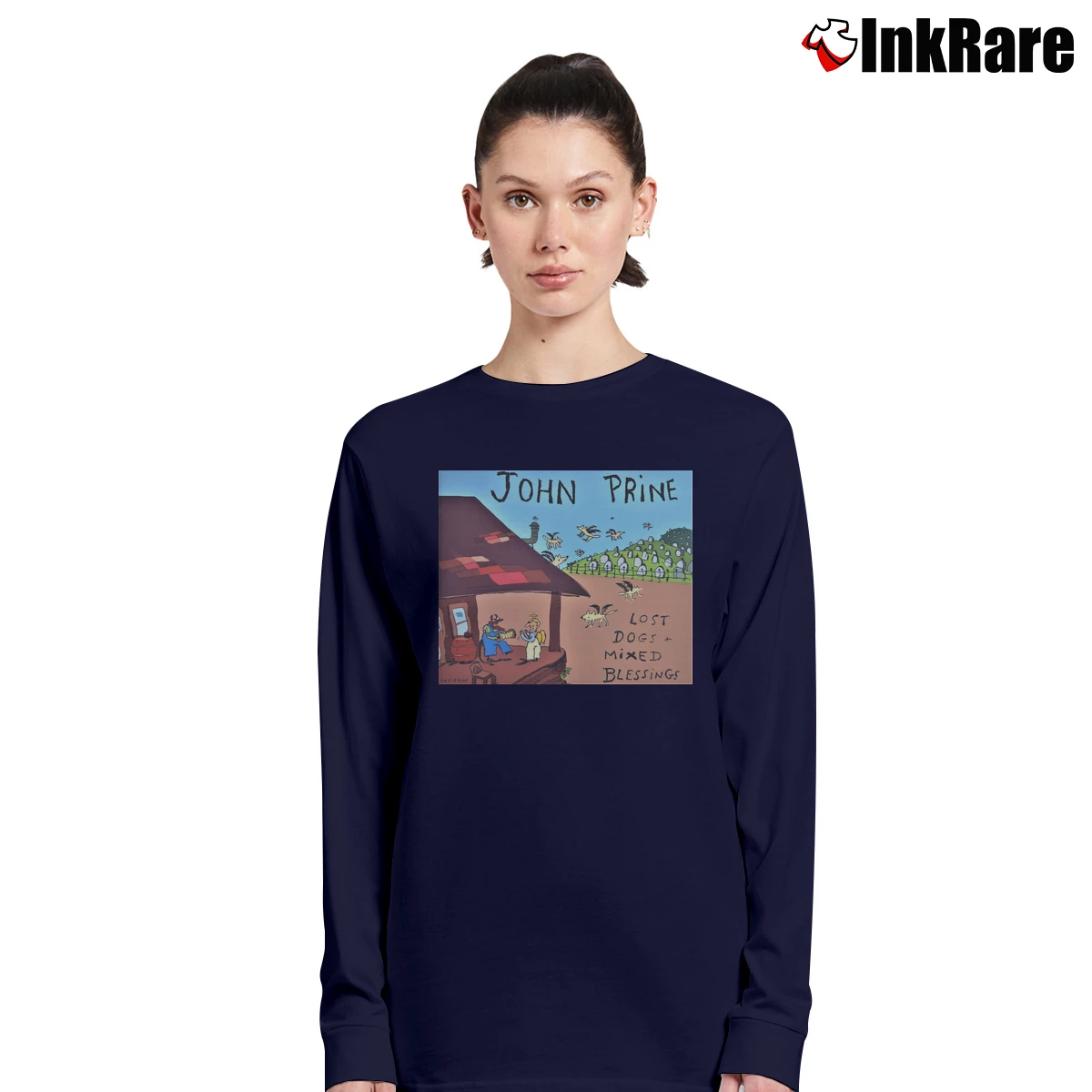 Women’s Shi Ni Joh Oneton Pri Onetone Lost Dogs Mixed Blessings Long-Sleeve Top in navy | Sleek, Versatile, All-Season