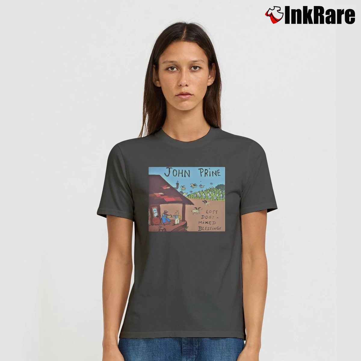 Women’s Shi Ni Joh Oneton Pri Onetone Lost Dogs Mixed Blessings Signature T-Shirt in charcoal | Soft, Flattering Fit