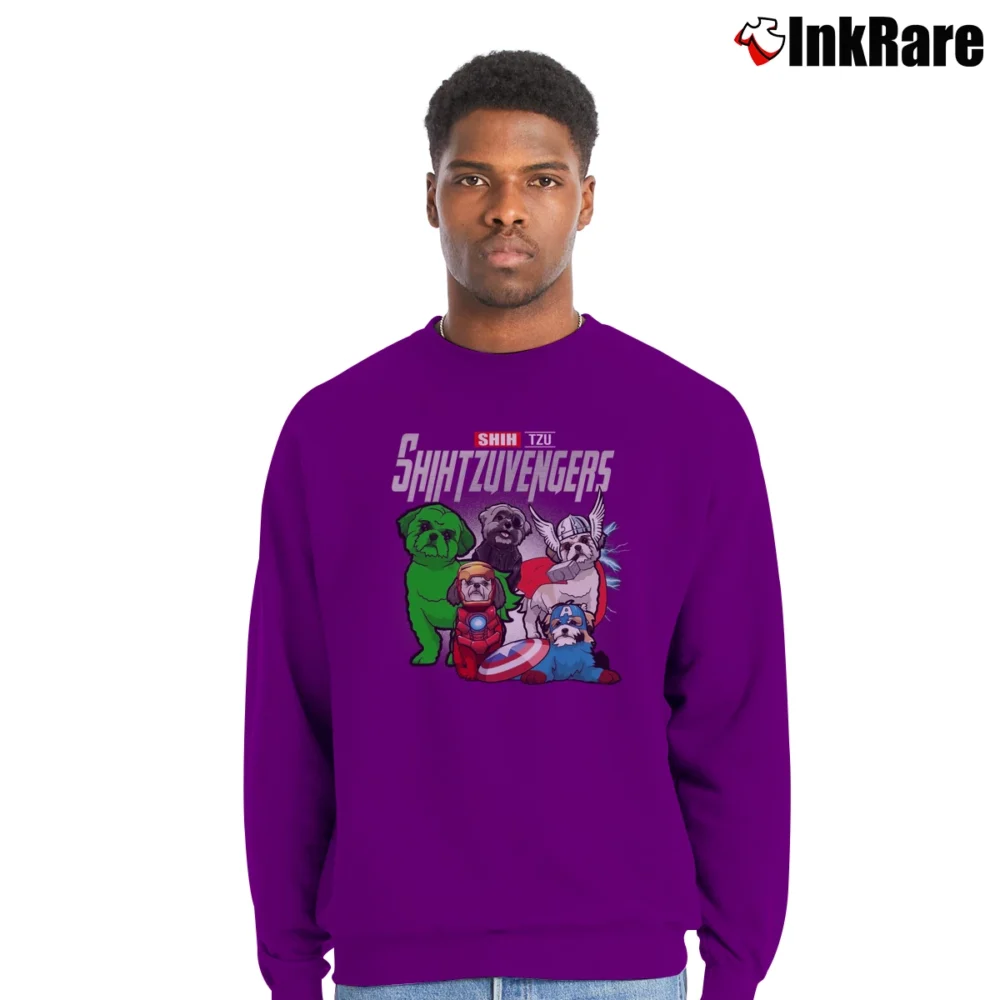 Men’s Shih Tzu Avengers Marvel Pet Parody Crewneck Sweatshirt in purple | Cozy Fabric, Clean Style
