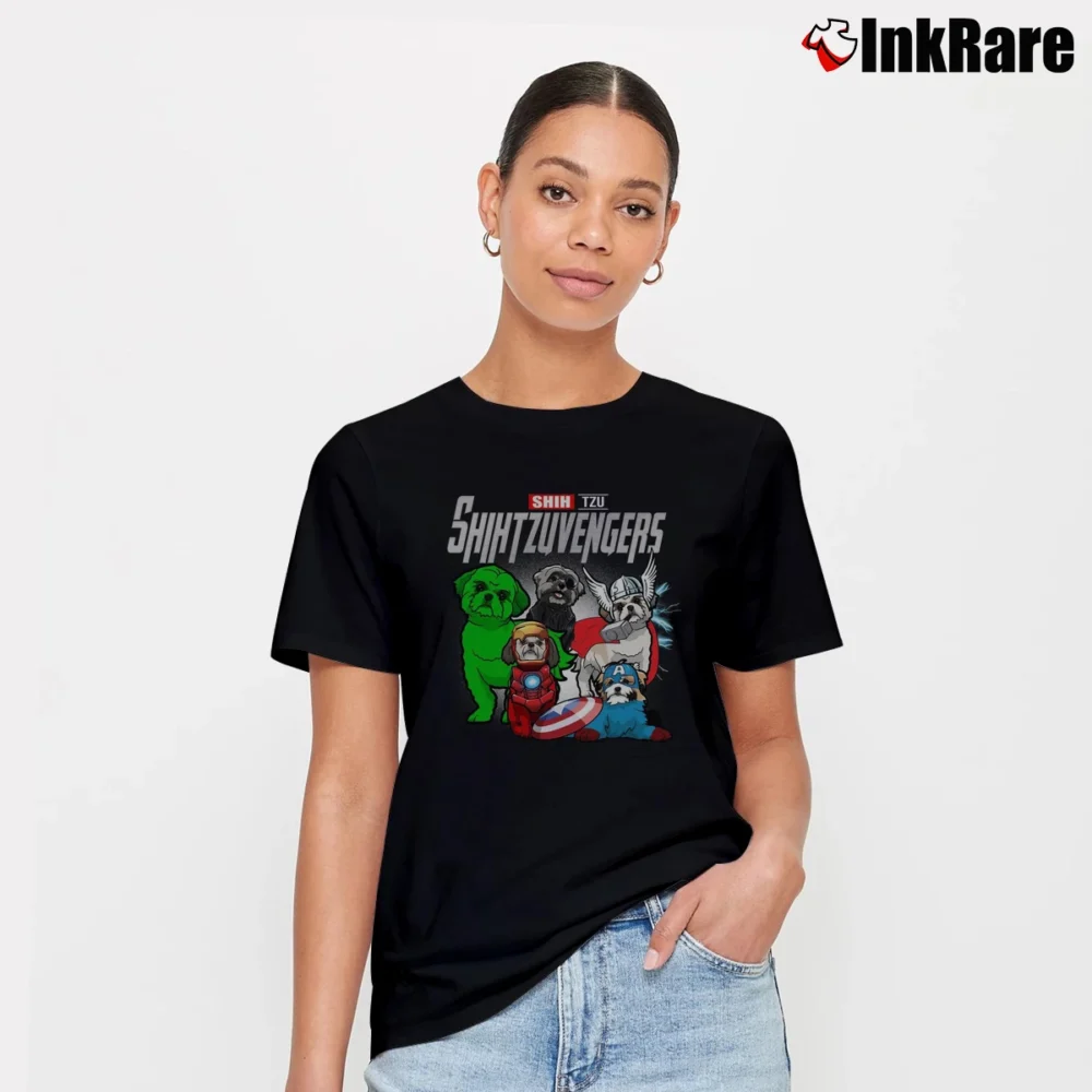 Women’s Shih Tzu Avengers Marvel Pet Parody Signature T-Shirt in black | Soft, Flattering Fit