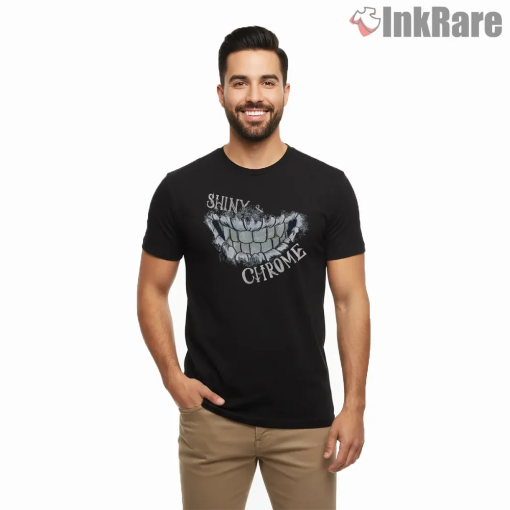 Shiny And Chrome War Boys Grin Skull Graphic Shirt on black short sleeve shirt for men graphic tee