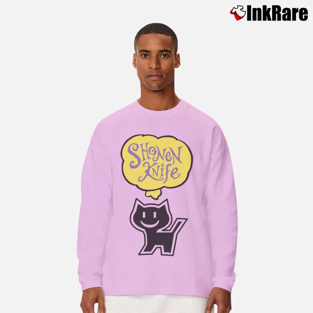 Men’s Shonen Knife 90s Graphic Kawaii Black Cat Punk Band Long-Sleeve Shirt in light pink | Sleek, Lightweight, Year-Round Wear
