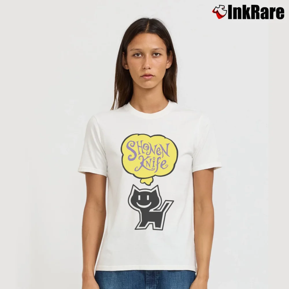 Women’s Shonen Knife 90s Graphic Kawaii Black Cat Punk Band Signature T-Shirt in white | Soft, Flattering Fit