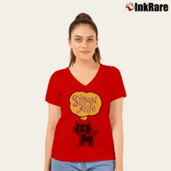 Women’s Shonen Knife 90s Graphic Kawaii Black Cat Punk Band V-Neck Tee in red | Chic Neckline, Soft Texture