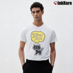 Men’s Shonen Knife 90s Graphic Kawaii Black Cat Punk Band V-Neck Tee in white | Sharp, Breathable, Everyday Staple