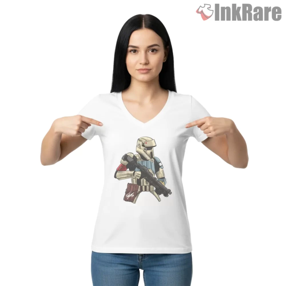 Shore Trooper Tactical Combat Illustration Shirt on white v-neck shirt for women graphic tee
