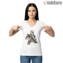 Shore Trooper Tactical Combat Illustration Shirt on white v-neck shirt for women graphic tee