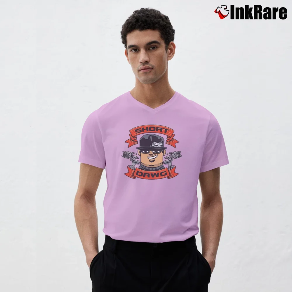 Men’s Short Dawg Hip Hop Graphic V-Neck Tee in light pink | Sharp, Breathable, Everyday Staple