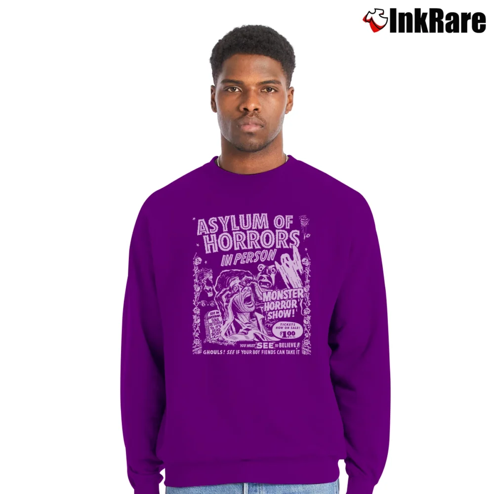 Men’s Show Art Asylum Of Horrors Spook Crewneck Sweatshirt in purple | Cozy Fabric, Clean Style