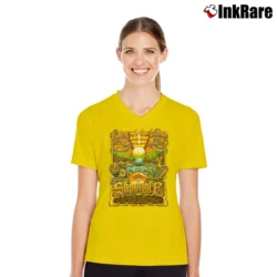 Women’s Shpongle Red Rocks 2019 Music V-Neck Tee in yellow | Chic Neckline, Soft Texture