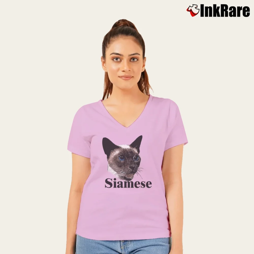 Women’s Siamese Cat Graphic for Cat Lovers V-Neck Tee in light pink | Chic Neckline, Soft Texture